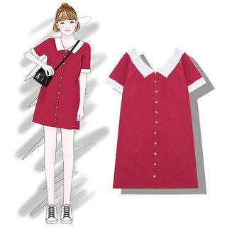 Short-sleeve Contrast-trim Mini Knit Shirtdress