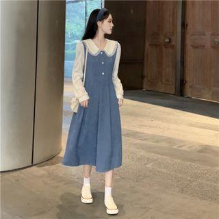 Mock Two-piece Long-sleeve Peter Pan Collar Midi A-line Dress