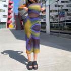 Long-sleeve Contrast Print Mesh Dress