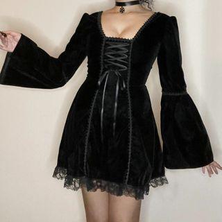 Bell-sleeve Lace-trim Lace-up Velvet A-line Dress