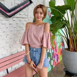 Slit-shoulder Flare-sleeve Blouse