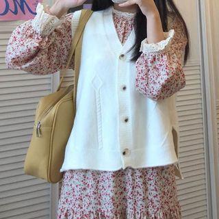 Plain Knit Vest / Lace Panel Floral Dress
