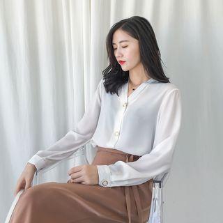 Metal-button Dip-back Chiffon Shirt