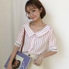Lace Trim Striped Elbow-sleeve Shirt