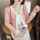 Paid Cropped Cardigan Plaid - Pink - One Size