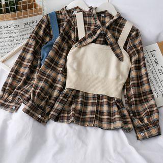 Set: Ribbon-neckline Plaid Shirt + Knit Vest