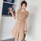 Set: Short-sleeve T-shirt + Buttoned A-line Midi Skirt