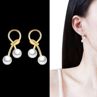 Faux Pearl Knot Earring 1 Pair - 925 Silver Stud - Gold - One Size