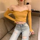 Long-sleeve Off-shoulder Frill Trim Shirred Crop Top
