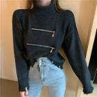 Turtleneck Zip Distressed Cropped Sweater Sweater - One Size