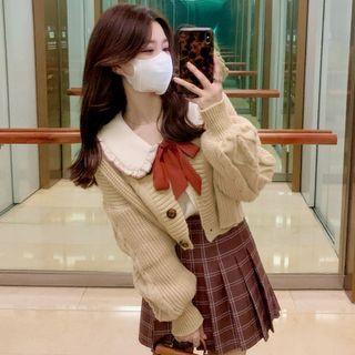 Plain Cardigan / Tie Neck Blouse / Pleated Skirt