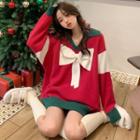 Bow Polo-neck Knit Top Red - One Size