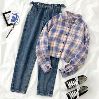 Plaid Shirt / High-waist Straight-cut Jeans