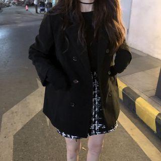 Double-breasted Coat / Plaid Mini A-line Skirt
