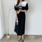Lace Trim Collar Short-sleeve Lettering Midi A-line Dress