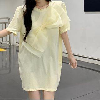 Short-sleeve Bow Accent Mini T-shirt Dress Light Yellow - One Size