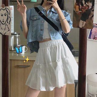 Short-sleeve Denim Jacket / Spaghetti Strap Top / Pleated Skirt