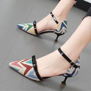 Patterned Pointed Ankle Strap Pumps