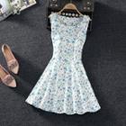 Flower Print Sleeveless Mini A-line Dress Blue Flower - White - S