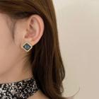 Square Stud Earring 1 Pair - S925 Silver Needle - Gold Trim - Dark Green - One Size
