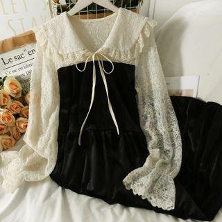 Two-tone Lace-panel Velvet Midi Dress Black - One Size