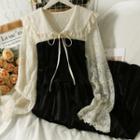 Two-tone Lace-panel Velvet Midi Dress Black - One Size