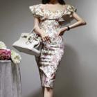 Off-shoulder Ruffled Floral Print Sheath Dress
