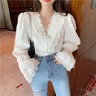 Lace Trim Bell-sleeve V-neck Blouse White - One Size