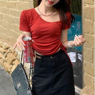 Irregular Neckline Drawstring Cropped T-shirt