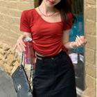 Irregular Neckline Drawstring Cropped T-shirt