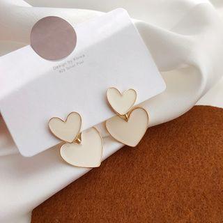 Glaze Heart Dangle Earring 1 Pair - Ear Studs - White & Gold - One Size