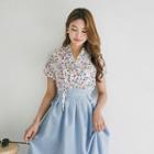 Short-sleeve Midi Skirt Hanbok Set (floral / Sky Blue)