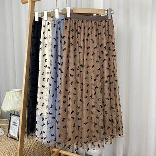 Bow Print Mesh Midi A-line Skirt
