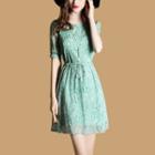 Gathered-waist Short-sleeve Floral Print Crewneck A-line Sheath Slim Dress