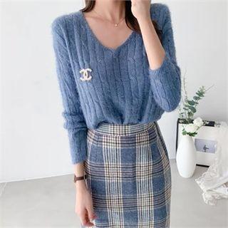 Set: Cable-knit Sweater + Plaid Midi Skirt Sky Blue - One Size