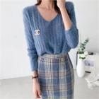 Set: Cable-knit Sweater + Plaid Midi Skirt Sky Blue - One Size
