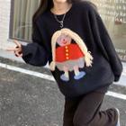 Round Neck Cartoon Loose-fit Sweater Black - One Size