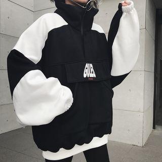 Lettering High Neck Color Block Pullover