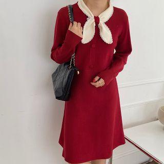 Contrast Bow-neck Midi A-line Dress
