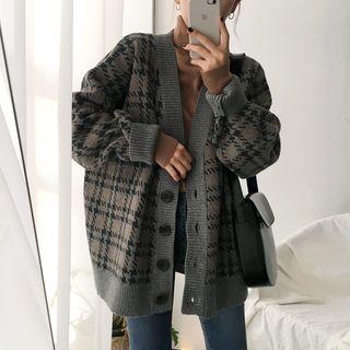 Houndstooth V-neck Loose-fit Cardigan