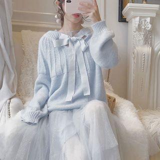 Tie-neck Sweater / Sequined Mesh Midi A-line Skirt