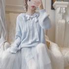 Tie-neck Sweater / Sequined Mesh Midi A-line Skirt
