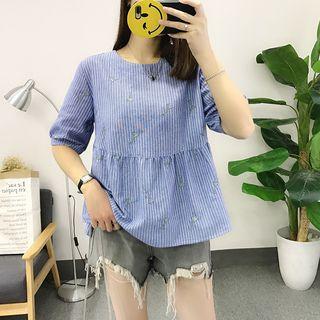 Embroidered Striped Short Sleeve Blouse