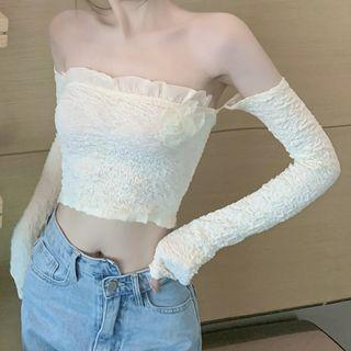 Long-sleeve Off Shoulder Smocked Top Almond - One Size