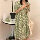 Puff-sleeve Floral Print A-line Midi Dress Floral - Green - One Size