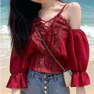 Off-shoulder Lace Panel Chiffon Blouse
