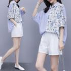 Set: Elbow-sleeve Striped Floral Panel Shirt + Shorts