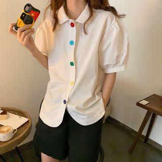 Elbow-sleeve Color-button Shirt