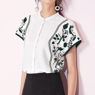 Floral Print Short Sleeve Collarless Shirt