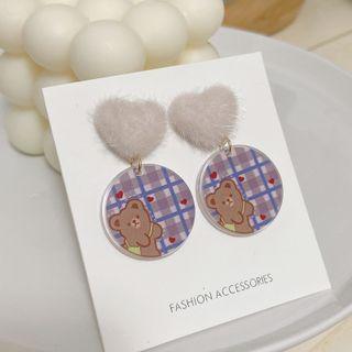 Heart Pendant Drop Earring 1 Pair - Ear Studs - White & Purple & Blue & Brown - One Size
